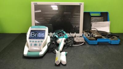 Mixed Lot Including 1 x Karl Storz Wide ViewHD Monitor (Untested Due to Missing Power Supply) 2 x Braun Thermometers, 2 x BP Cuffs with BP Hoses, 1 x Biotek 450nm Model 74345 Phototherapy Radiometer with Sensor in Carry Case (Untested Due to Missing Batte