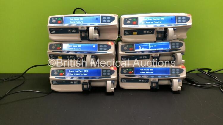 6 x Carefusion BD Alaris GH Guardrails Plus Syringe Pumps (All Power Up, 3 with Gas Gauge GG1 Comms Failure, 1 with Plunger Posn Monitor PP4 Calibration Invalid and 1 with Event Log Fault EV13 Log Unpack Failure)