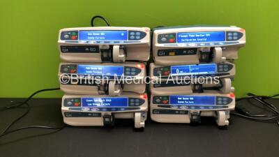 6 x Carefusion BD Alaris GH Guardrails Plus Syringe Pumps (All Power Up, 3 with Gas Gauge GG1 Comms Failure, 1 with Plunger Posn Monitor PP4 Calibration Invalid and 1 with Event Log Fault EV13 Log Unpack Failure) - 2