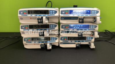 Job Lot Including 3 x Carefusion Alaris GH Syringe Pumps (All Power Up, 1 with Gas Gauge GG1 Comms Failure, 1 with Identification Mgt IM3 RTC to Set Message and 1 x Blank Screen) and 3 x Carefusion Alaris GH Plus Syringe Pumps (All Power Up, 1 with Gas Ga
