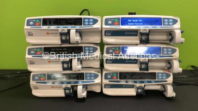 Job Lot Including 3 x Carefusion Alaris GH Syringe Pumps (All Power Up, 1 with Gas Gauge GG1 Comms Failure, 1 with Identification Mgt IM3 RTC to Set Message and 1 x Blank Screen) and 3 x Carefusion Alaris GH Plus Syringe Pumps (All Power Up, 1 with Gas Ga - 2