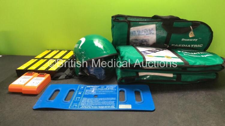 Mixed Lot Including 1 x Ambulance Helmet, 5 x Donway Paediatric Traction Splints, 1 x MEDesign Patient Handling Sling, 2 x Cardiac Science Powerheart G5 Batteries *Untested* 16 x LSU Batteries *Untested*