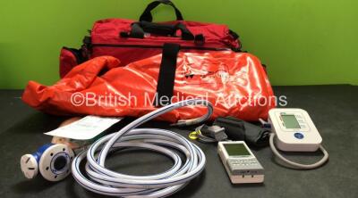 Mixed Lot Including 1 x Carry Bag, 1 x Ferno AS 120 Vacuum Leg Splint, 2 x Supraglottic Airways *Both in Date* 1 x Entonox Hose with Regulator, 1 x ChoiceMMed MD300M Pulse Oximeter with SpO2 Finger Sensor (Powers Up) 1 x AND Medical UA-611 Digital Blood