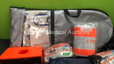 Mixed Lot Including 1 x Traction Splint, 2 x Head Blocks, 2 x SAM Pelvic Sling II, 1 x T POD Pelvic Stabilization Device, 2 x Ferno Ambulance Stretcher Patient Harnesses, 3 x Spencer Braces and 1 x Gelert Inflatable Mattress