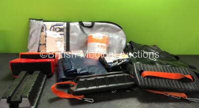 Mixed Lot Including 1 x Traction Splint, 2 x Head Blocks, 2 x SAM Pelvic Sling II, 1 x T POD Pelvic Stabilization Device, 2 x Ferno Ambulance Stretcher Patient Harnesses, 3 x Spencer Braces and 1 x Gelert Inflatable Mattress - 4