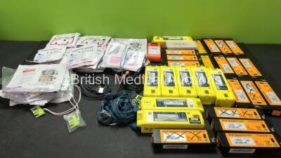 Mixed Lot Including 2 x 3 Lead ECG Leads, 5 x Covidien Mon-a Therm SpO2 Connection Cables, Various Defibrillation Electrodes *Some In Date, Some Expired* Various Defibrillator Batteries *All Untested*