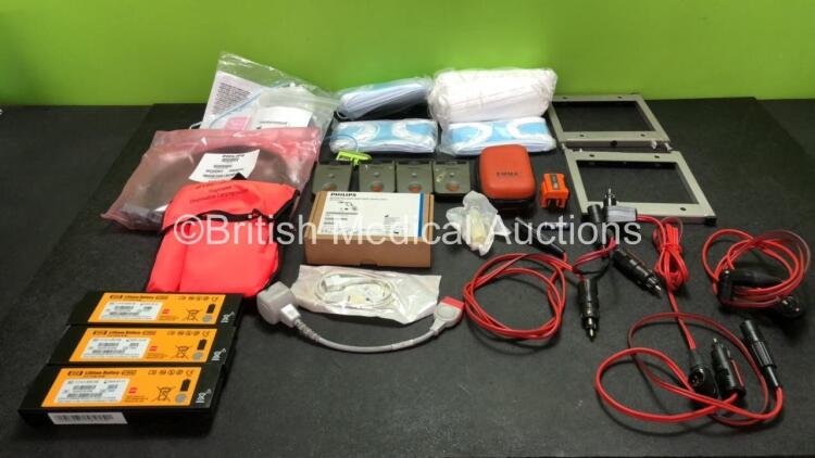 Mixed Lot Including 2 x AD Elektronic MBSS Mobile Battery Service Station Mounting Brackets with 5 x DC Power Supplies, 3 x Physio Control Ref 11141-000156 Batteries *All Untested* Face Masks, 1 x Emma Ref 606100 Capnometer in Case (Powers Up) 4 x Thermo