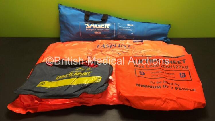 Job Lot Including 2 x Hartwell Medical Splints, 1 x Small Hartwell Medical Evac-U-Splint, 1 x Sager Emergency Traction Splints and 1 x Hospital Direct Lifting Sheet