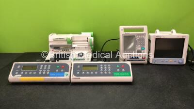 Mixed Lot Including 1 x Mindray Datascope Trio Patient Monitor Including ECG, SpO2, T1 and NIBP Options (Powers Up with Missing Side Cover-See Photo) 1 x Fresenius Vial Base Primea IS Docking Station (Powers Up with Error) 1 x Fresenius Vial Syringe Pump 