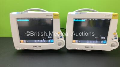 2 x Philips IntelliVue MP30 Patient Monitors *Mfd 2011-12* (Both Power Up with 1 x Slightly Damaged Power Button - See Photo) *SN DE72899014 / DE72899013*