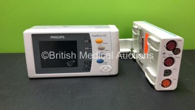 1 x IntelliVue X2 Handheld Patient Monitor Including ECG/Resp, SpO2, NBP, Temp and Press Options (Untested Due to Flat Battery) and 1 x Philips Module Including Press, Temp, CO2 and C.O. Options (Unknown Model - Some Casing Damage, See Photo)