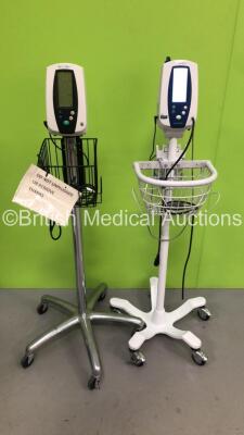 1 x Welch Allyn SPOT Vital Signs Monitor on Stand with BP Hose and SPO2 Finger Sensor (Mounting Bracket / Point Loose) and 1 x Welch Allyn 420 Series Vital Signs Monitor on Stand (Both Power Up)