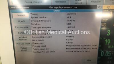 Siemens Servo-I Ventilator *System Version - V7.0, System Software Version - V7.00.00* Total Operating Hours - 106776h with Hoses and Gas Canister Trolley (Powers Up, Damaged Draws - See Photo) *5865* - 3