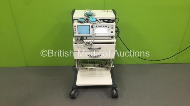 GE Corometrics 250cx Series Fetal Monitor with US, US2, UA, FECG and Printer Options, 2 x US Transducers, 1 x TOCO Transducer and 1 x Patient Response Trigger on Trolley (Powers Up) *W*