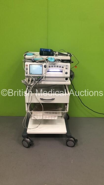 GE Corometrics 250cx Series Fetal Monitor with US, US2, UA, FECG/MECG Maternal SPO2, Maternal NIBP and Printer Options, 2 x Unknown Transducers, 1 x TOCO Transducer, 1 x SPO2 Finger Sensor, 2 x NIBP Cuffs, FECG/MECG Connector Cable and 1 x Patient Respons