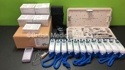 Mixed Lot Including 12 x Covidien Genius 3 Tympanic Thermometers with a Large Quantity of Probe Covers, 1 x Orthofix Wrist Fixator Surgical Set (Some Missing Pieces) 1 x Airflow Anemometer in Carry Case and 1 x Nellcor OxiMax N-65 with Finger Sensor