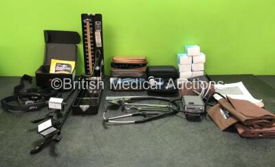 Mixed Lot Including 1 x 12 Inch Ruler, 2 x Patella Hammers, 1 x Tuning Fork, 2 x Clement Clarke R.A.F Near Point Rule Units, 3 x Accoson Aneroid Sphygmomanometers, 2 x Littmann Stethoscopes, 1 x Accoson Dominion Model Sphygmomanometer, 1 x Trueyou Glucose