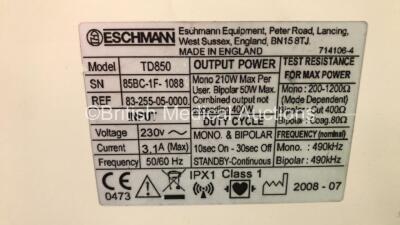 Eschmann TD850 Electrosurgical / Diathermy Unit on Eschmann ST80 Suction Trolley (Draws Power - Blank Screen) *S/N 85BC-1F-1088* - 4