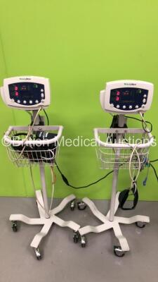 2 x Welch Allyn 53N00 Vital Signs Monitors on Stands with BP Hoses and Cuffs (Both Power Up)