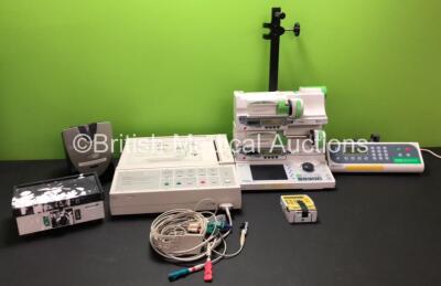 Mixed Lot Including 1 x Hewlett Packard PageWriter 100 ECG Machine (Powers Up), 1 x Graseby 3400 Syringe Pump (Powers Up), 1 x Fresenius Vial Orchestra Base Unit (Powers Up - Damaged To Casing, See Photos), 2 x Fresenius Module DPS Infusion Pumps (Both Po