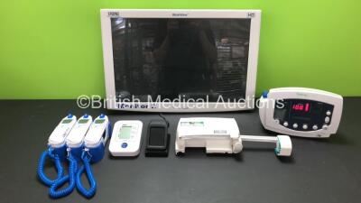 Mixed Lot Including 1 x Welch Allyn 53NTO Vital Signs Monitor (Powers Up with E41 Code), 1 x Karl Storz Endoskope WideView HD Monitor, 3 x Covidien Genius 3 Tympanic Thermometers and Bases (All Missing Battery Covers, See Photos), 1 x A & D Digital Blood 