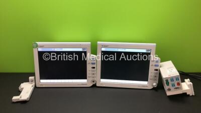 2 x Fukuda Denshi Dynascope DS-850 System Monitors Including 1 x Fukuda Denshi HS-8000 Module with ECG, Multi BP/Temp/Co, NIBP and SpO2 Options, 2 x ECG Leads, 2 x Temp Leads, 2 x SpO2 leads with Finger Sensors and 1 x HS Adapter (Both Power Up - 1 x Miss