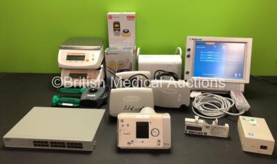 Mixed Lot Including 1 x Medtronic NIM-Response 3.0 Monitor with Controller (Powers Up), 1 x CME Medical 300-041S Syringe Pump, 1 x ResMed Airsense 10 Autoset For Her CPAP (Powers Up - Missing Casing, See Photos), 3 x Salter 8353-1 Aire Elite Compressors, 