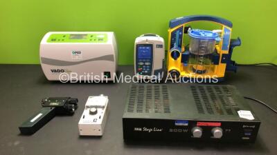 Mixed Lot Including 1 x LSU Suction Unit with Cup and Lid (Powers Up - Missing Dial, See Photos), 1 x CareFusion Alaris GP Plus Guardrails Volumetric Pump (Powers Up with Fault), 1 x IMG Stage Line 200 W Amplifier, 1 x Castle Associates CS17A Sound Level 