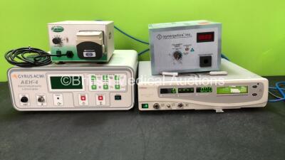 Mixed Lot Including 1 x Endo Gator Model EGP-100 Irrigation Pump with Footswitch (No Power) 1 x Gyrus ACMI AEH-4 Electrohydraulic Lithotripter Unit (No Power) 1 x Synergetics Inc P2 Photon Light Source Unit (Powers Up) 1 x Gynecare Thermachoice II Uterine