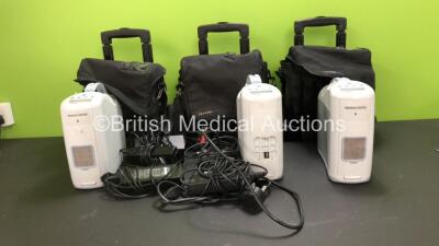 3 x Inogen G2 Model IO-200 Portable Oxygen Concentrators with 3 x AC Power Supplies, 2 x DC Power Supplies and 3 x Wheeled Cases (All Power Up, 1 x Missing Filter Cover)