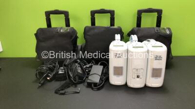 3 x Inogen G2 Model IO-200 Portable Oxygen Concentrators with 3 x AC Power Supplies, 2 x DC Power Supplies and 3 x Wheeled Cases (All Power Up, 1 x Missing Filter Cover)