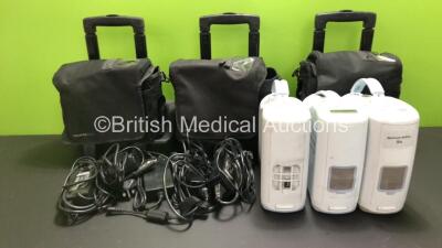 3 x Inogen G2 Model IO-200 Portable Oxygen Concentrators with 4 x AC Power Supplies, 1 x DC Power Supply and 3 x Wheeled Cases (All Power Up, 1 x Missing Filter Cover)