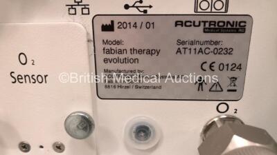 Acutronic Medical Systems Fabian Therapy Ventilator *Mfd - 2014* Software Revision - 5.2.1 on Stand with Hose and Fisher&Paykel MR850AEK Humidifier (Powers Up) *S/N AT11AC-0232* - 4