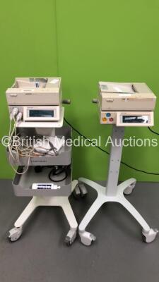 2 x Huntleigh Sonicaid Team Duo Fetal Monitors on Stands with 3 x Transducers (Both Power Up - 1 x Missing Printer Cover)