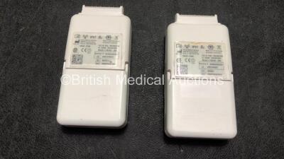 2 x Philips IntelliVue MX40 Patient Monitoring Systems Including ECG and SpO2 Options *Mfd 07/2012, 07/2014* with 1 x Philips Ref 865220 Battery Charger *Mfd 06/2014* 5 x Batteries (Powers Up, 1 Unit with Damaged Battery Cover-See Photo) - 6