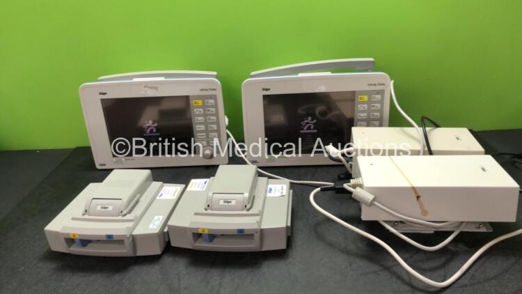 2 x Drager Infinity Delta Patient Monitors Including HemoMed 1, Aux/Hemo 3, MultiMed and NIBP Options with 2 x Drager Infinity Docking Stations and 2 x AC Power Supplies (Both Power Up) *SN 5469508255, 5206110E546, 5395575661, 6003184370, 152194, MS182840