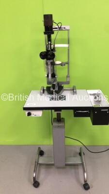 Haag Streit Bern SL 900 Slit Lamp on Stand with 2 x 10x Eyepieces on Hydraulic Table (Powers Up with Blown Bulb) *S/N 3702*