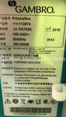 2 x Gambro Prismaflex Dialysis Machines Version 8.2 with Barkley Auto Control Unit - Running Hours 16575 / 16334 (Both Power Up) - 8