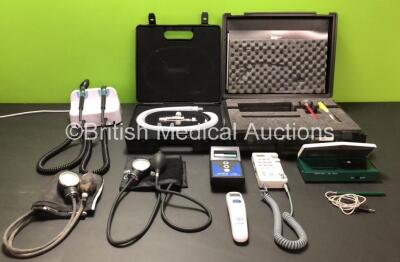 Mixed Lot Including 1 x Welch Allyn GS 777 Wall Transformer with 2 x Handpieces and 1 x Ophthalmoscope Head (Powers Up), 2 x BP Meters, 1 x Penlon Newton Paediatric Valve in Case, 1 x Pehamed Densonorm N44 in Case, 1 x BMMS 100 Data Logging Voltmeter, 1 x