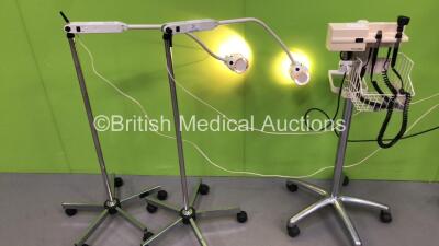 2 x Brandon Medical Patient Examination Lamps on Stands (Both Power Up with Good Bulbs) and 1 x Welch Allyn Otoscope / Ophthalmoscope Set on Stand with 2 x Handpieces and 1 x Heads (Powers Up)