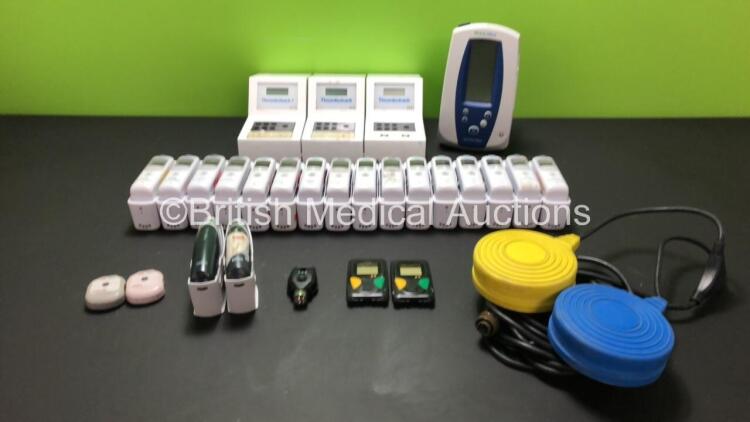 Mixed Lot Including 16 x Braun ThermoScan Pro 6000 Ear Thermometers with Bases, 1 x Footswitch, 1 x Welch Allyn Otoscope Attachment, 1 x Welch Allyn SPOT Vital Signs Monitor (Missing Casing, See Photos) 2 x Novacor R,Test Monitor and 3 x Thrombotrack Unit