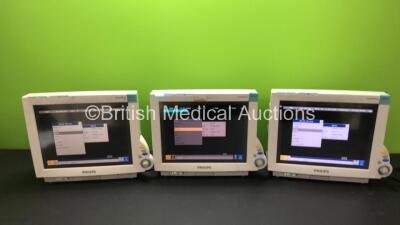 2 x Philips IntelliVue MP70 Patient Monitors and 1 x Philips IntelliVue MP70 Anesthesia Patient Monitor (All Power Up - 2 x Slight Damage to Casing, See Photos)