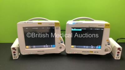 2 x Philips IntelliVue MP20 Patient Monitors Including 2 x Philips M3001A Opt A01C06 Modules with ECG/Resp, SpO2, NBP, Press and Temp Options (Both Power Up - 1 x Missing Button, See Photos) *DE62227197, DE48088923, DE3450D590 and DE3450D56V* **H**