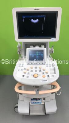 Philips iU22 Flat Screen Ultrasound Scanner on G.1 Cart *S/N B05PVR* Software Version 6.3.0.1511 **Mfd 06/2012** with 3 x Transducer / Probes (L15-7io, L9-3 and C10-3v - Some Damage to Probe Head, See Photos)(Powers Up)