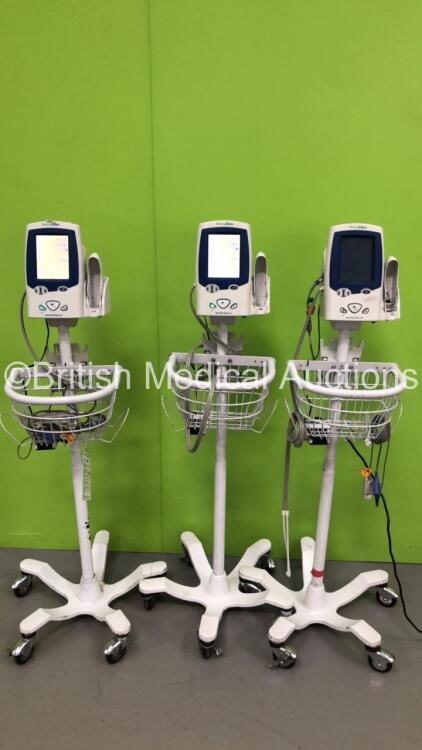 3 x Welch Allyn SPOT LXi Vital Signs Monitors on Stands with 3 x BP Hoses and 2 x SPO2 Finger Sensors (2 x Power Up,1 x No Power)