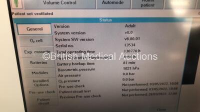 Siemens Servo-I Ventilator Model No 06487800 System Version - V8.0, System Software Version - V8.00.01 Total Operating Hours 130770 - with Hoses (Powers Up) *S/N 13534* - 3