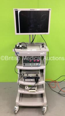 Storz Stack Trolley with Storz Wide View HD Monitor,Storz 264305 20 SCB Electronic Endoflator,Storz 202320 20 telecam pal Camera Control Unit,Storz 201340 20 Xenon Nova 300 Light Source and Sony UP-21MD Colour Video Printer (Powers Up - Unable to Get Pict