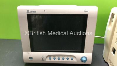 Job Lot Including 1 x Fukuda Denshi DS-1700 Patient Monitor with ECG/Resp, SpO2, NIBP, BP, Temp and Printer Options (Powers Up) and 1 x Mindray PM-9000 Patient Monitor with ECG, NIBP, T1, T2 and SpO2 Options (No Power, Missing Battery Cover - See Photos) - 5