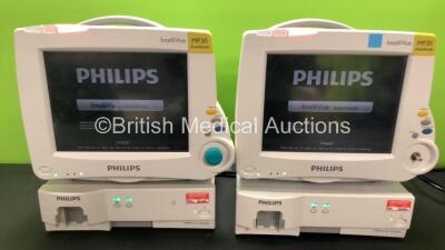 2 x Philips IntelliVue MP30 Patient Monitor with 2 x Philips IntelliVue G5 M1019A Anesthetic Gas Module (All Power Up, 1 x Missing Dial - See Photos)