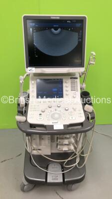 Toshiba Aplio 500 Flat Screen Ultrasound Scanner Model TUS-A500 *S/N WAB1542169* **Mfd 05/2015** Software Version AB_V5.10*R305 with 3 x Transducers / Probe (PVT-661VT *Mfd 03/2010* / PLT-1005BT *Mfd 03/2015* and PLT-704SBT *Mfd 03/2015*) (Powers Up - Mis